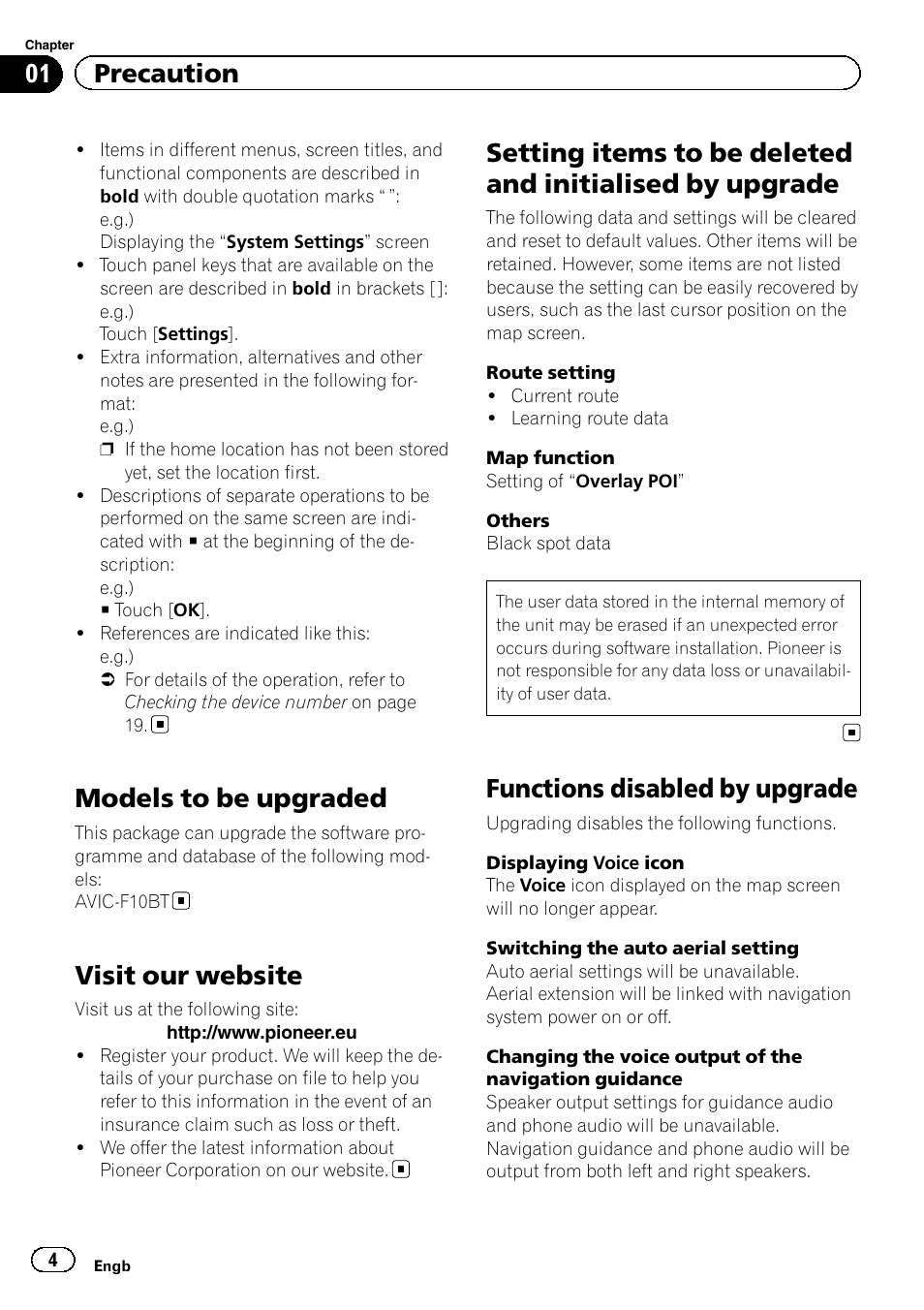 Models to be upgraded, Visit our website, Setting items to be deleted and initialised by | Upgrade, Functions disabled by upgrade, 01 precaution | Pioneer CNSD-110FM User Manual | Page 4 / 32