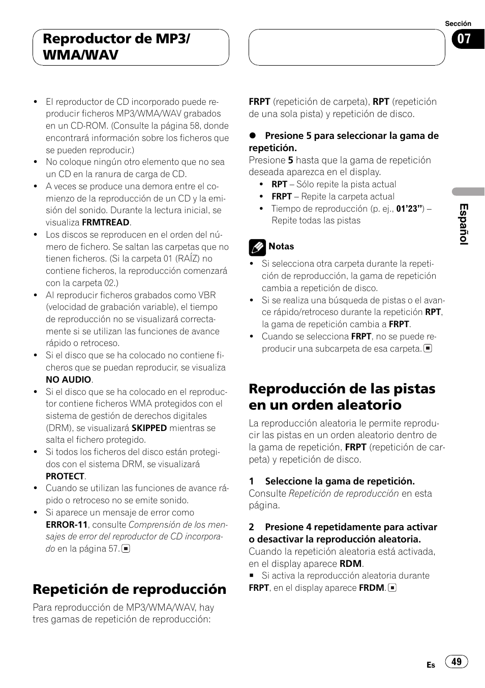Aleatorio 49, Repetición de reproducción, Reproducción de las pistas en un orden aleatorio | Reproductor de mp3/ wma/wav | Pioneer DEH-4700MPB User Manual | Page 49 / 100