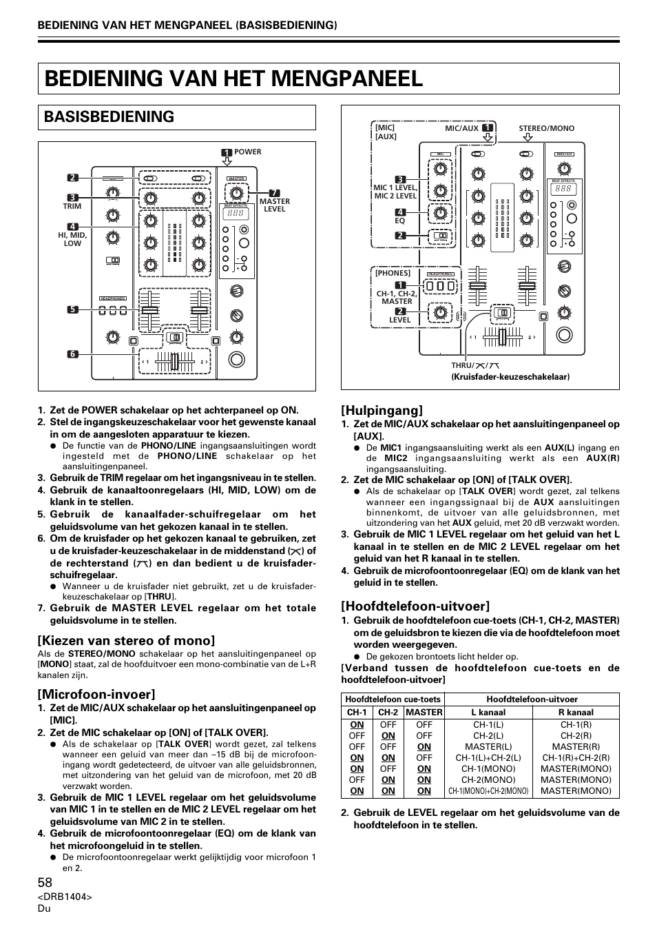 Bediening van het mengpaneel, Basisbediening, Kiezen van stereo of mono | Microfoon-invoer, Hulpingang, Hoofdtelefoon-uitvoer, Bediening van het mengpaneel (basisbediening) | Pioneer DJM-400 User Manual | Page 58 / 76