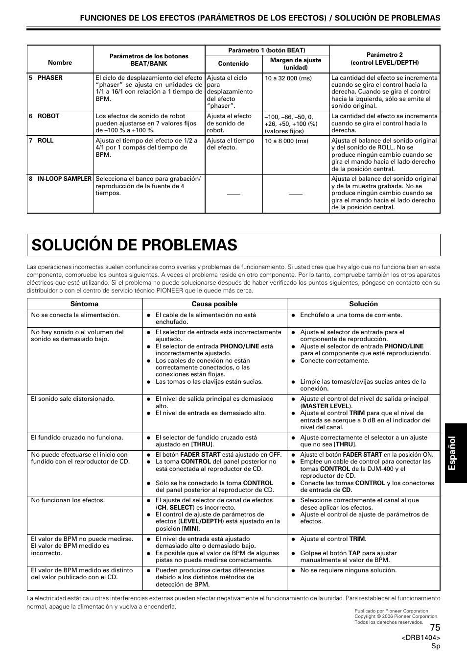 Solución de problemas, Espa ñ ol | Pioneer DJM-400 User Manual | Page 75 / 76