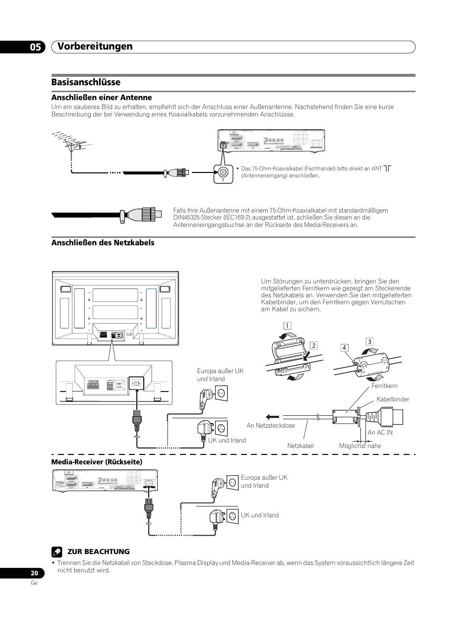 Basisanschlüsse, Anschließen einer antenne, Anschließen des netzkabels | Vorbereitungen 05 | Pioneer PDP-506FDE User Manual | Page 112 / 141