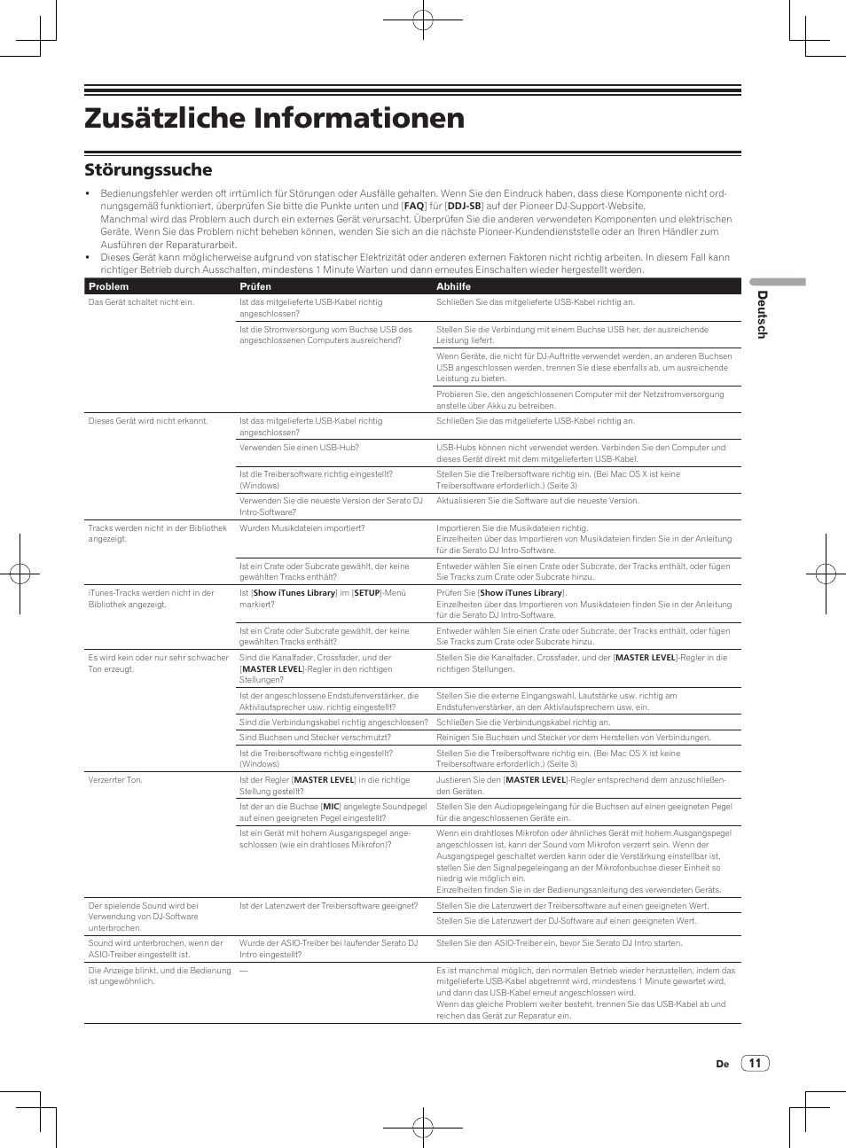Zusätzliche informationen, Störungssuche, 11 deutsch | Pioneer DDJ-SB-S User Manual | Page 39 / 68