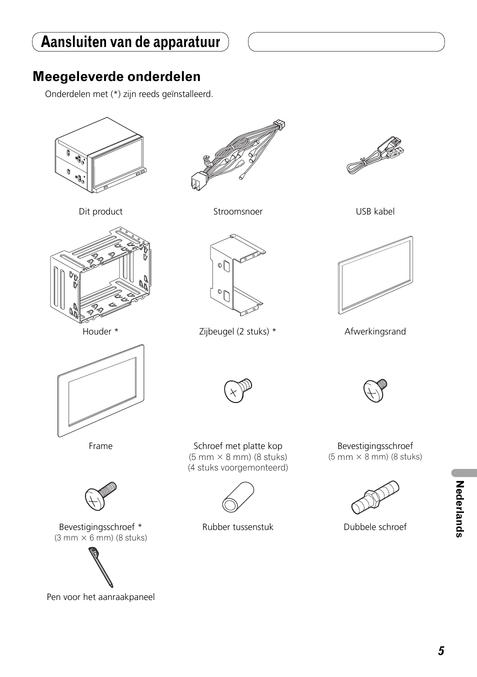 Meegeleverde onderdelen, Aansluiten van de apparatuur | Pioneer AVH-P4100DVD User Manual | Page 75 / 86