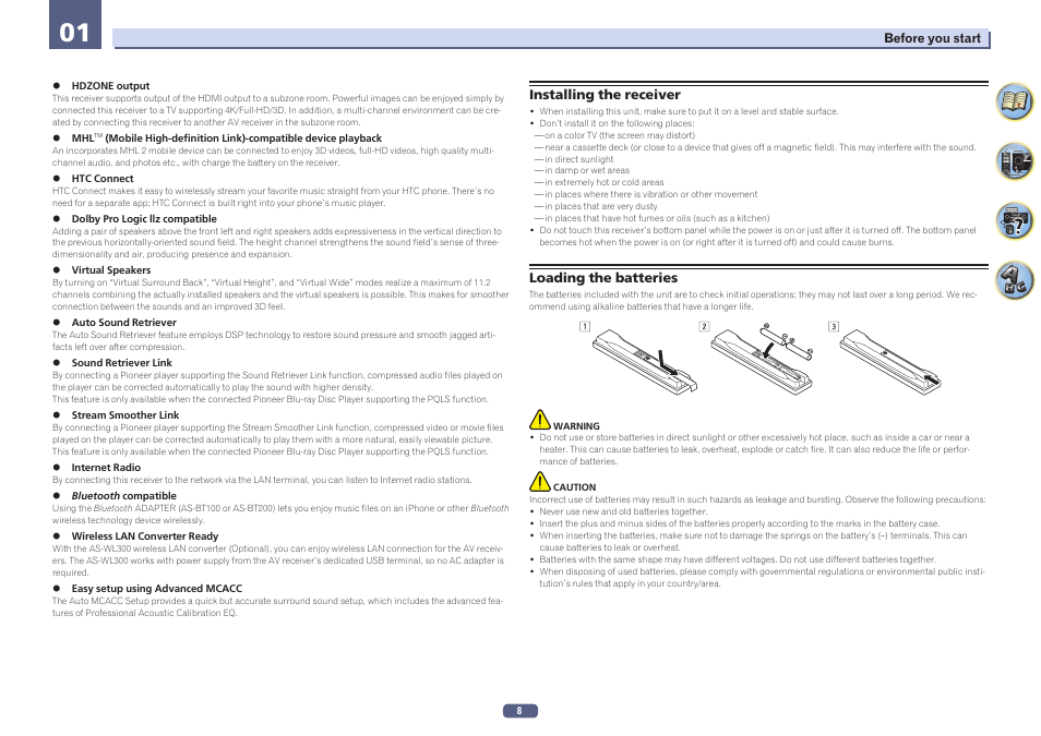 Installing the receiver loading the batteries | Pioneer SC-2023-S User Manual | Page 8 / 121