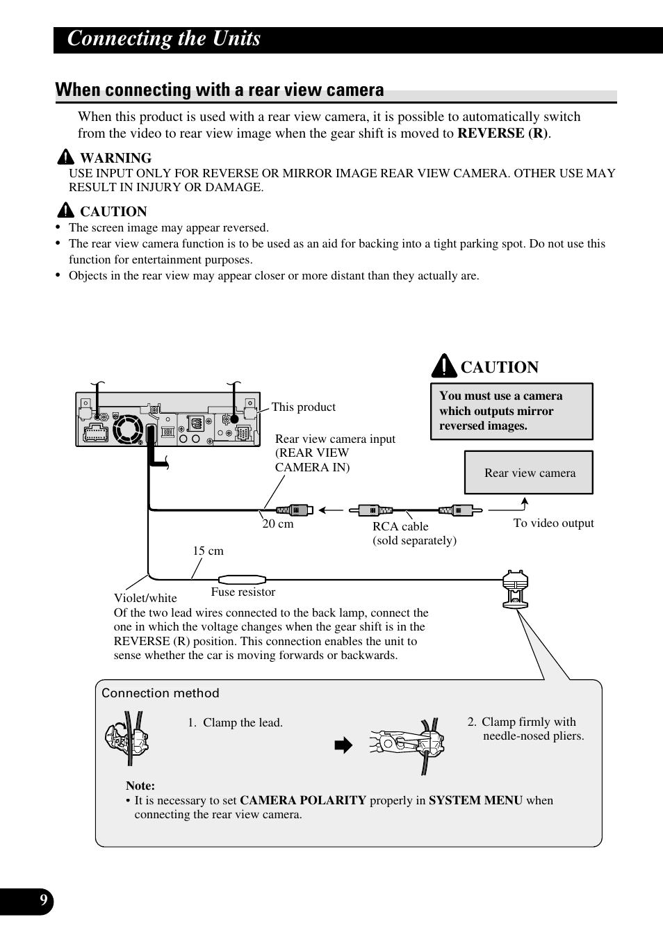 When connecting with a rear view camera, Connecting the units, Caution | Pioneer AVH-P5000DVD User Manual | Page 10 / 98