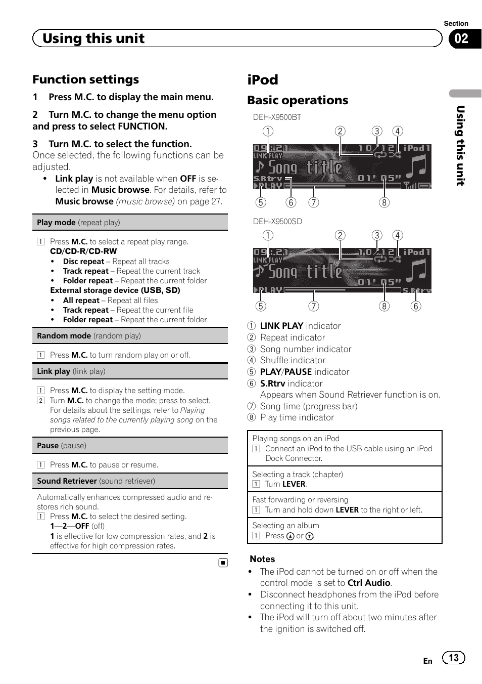 Ipod, Using this unit, Function settings | Basic operations | Pioneer DEH-X9500BT User Manual | Page 13 / 40