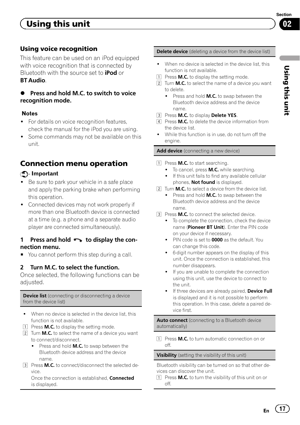 Connection menu operation, Using this unit | Pioneer DEH-X9500BT User Manual | Page 17 / 40