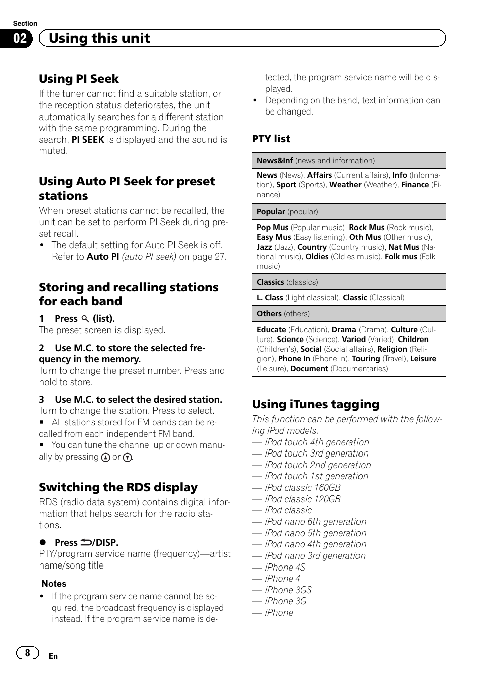 02 using this unit, Using pi seek, Using auto pi seek for preset stations | Storing and recalling stations for each band, Switching the rds display, Using itunes tagging | Pioneer DEH-X9500BT User Manual | Page 8 / 40