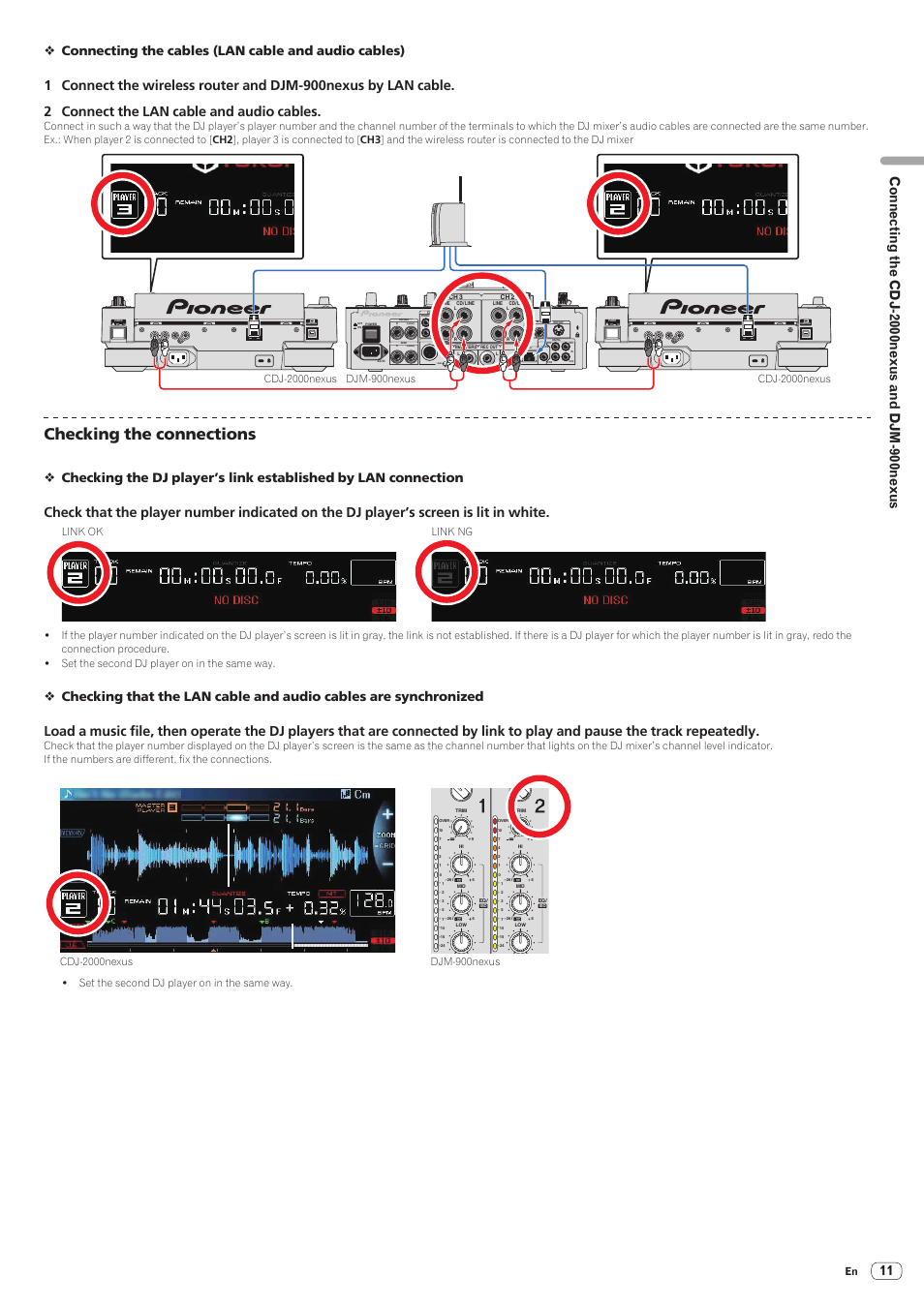 Checking the connections, Connecting the cables (lan cable and audio cables), Cdj-2000nexus | Pioneer CDJ-2000-W User Manual | Page 11 / 28