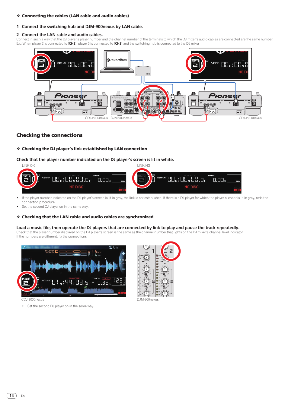 Checking the connections, Connecting the cables (lan cable and audio cables), Cdj-2000nexus | Pioneer CDJ-2000-W User Manual | Page 14 / 28