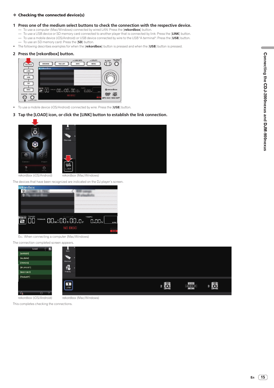 2 press the [rekordbox] button, Checking the connected device(s) | Pioneer CDJ-2000-W User Manual | Page 15 / 28