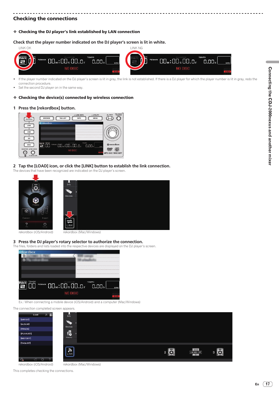 Checking the connections, Connecting the cdj-2000nexus and another mixer, 1 press the [rekordbox] button | Pioneer CDJ-2000-W User Manual | Page 17 / 28