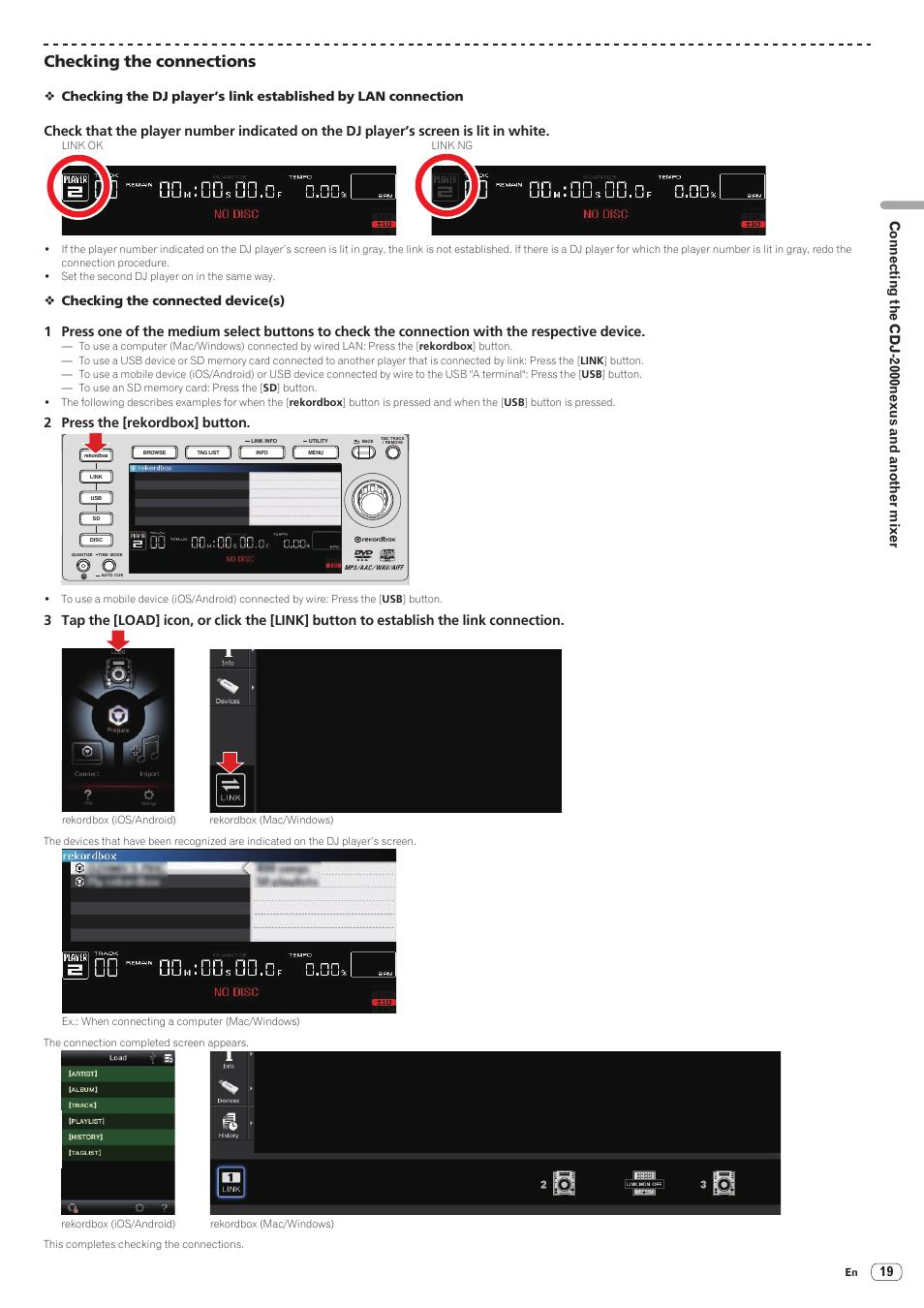 Checking the connections, Connecting the cdj-2000nexus and another mixer, 2 press the [rekordbox] button | Pioneer CDJ-2000-W User Manual | Page 19 / 28