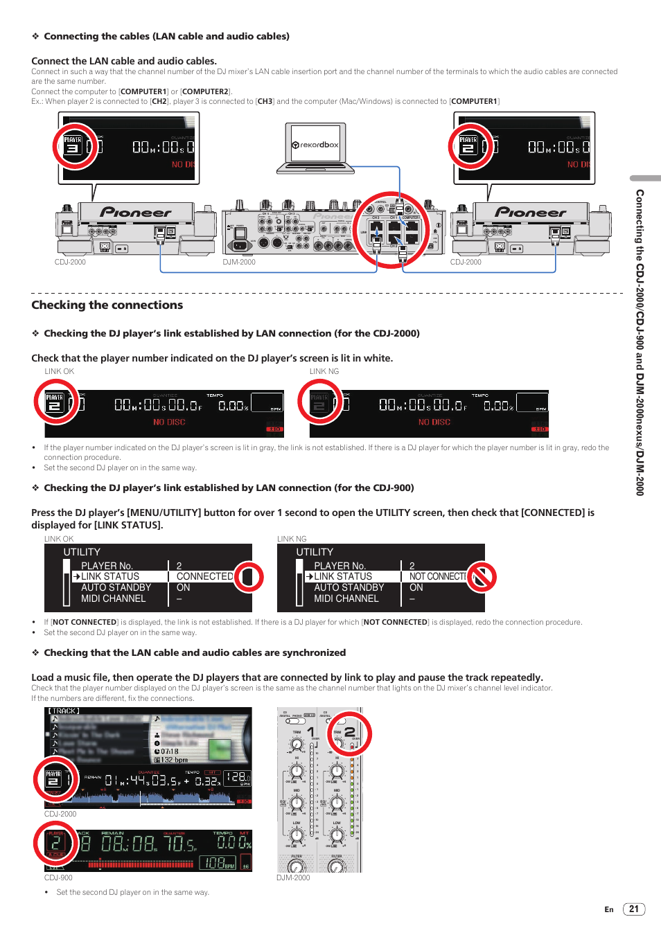 Checking the connections, Connect the lan cable and audio cables, Trs) | 1gnd, 2hot 3cold, Audio out, Control, Digital out, Connecting the cables (lan cable and audio cables), Link ng | Pioneer CDJ-2000-W User Manual | Page 21 / 28