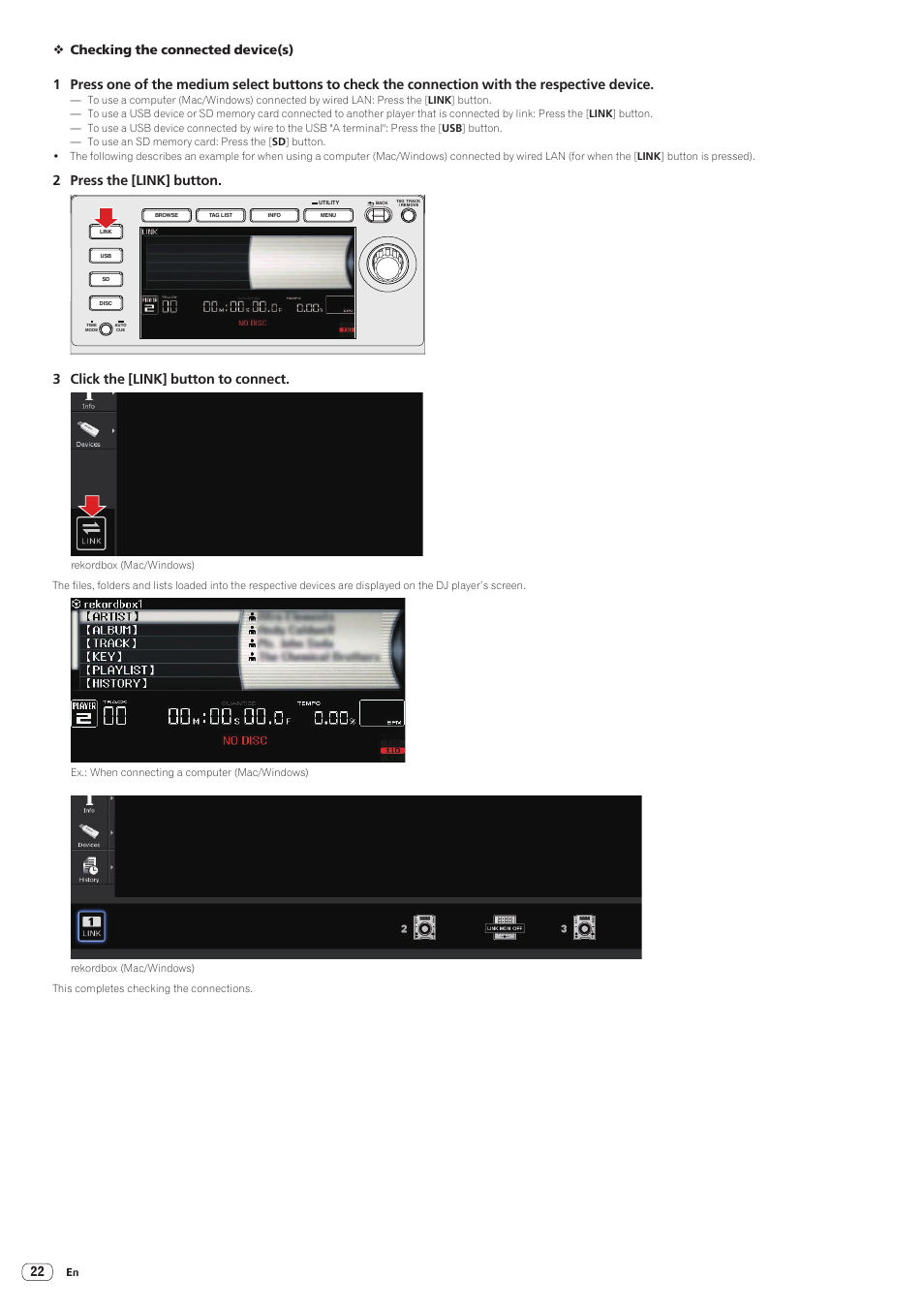 481 mm, 2 press the [link] button, 3 click the [link] button to connect | Checking the connected device(s) | Pioneer CDJ-2000-W User Manual | Page 22 / 28