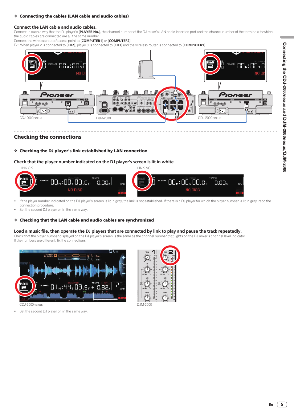 Checking the connections, Connect the lan cable and audio cables, Trs) | 1gnd, 2hot 3cold, Connecting the cables (lan cable and audio cables), Cdj-2000nexus, Djm-2000 | Pioneer CDJ-2000-W User Manual | Page 5 / 28