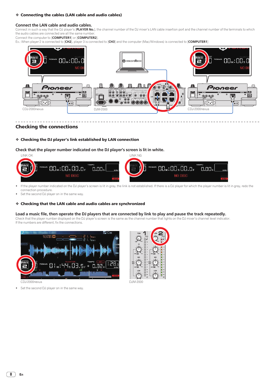 Checking the connections, Connect the lan cable and audio cables, Trs) | 1gnd, 2hot 3cold, Connecting the cables (lan cable and audio cables), Cdj-2000nexus, Djm-2000 | Pioneer CDJ-2000-W User Manual | Page 8 / 28