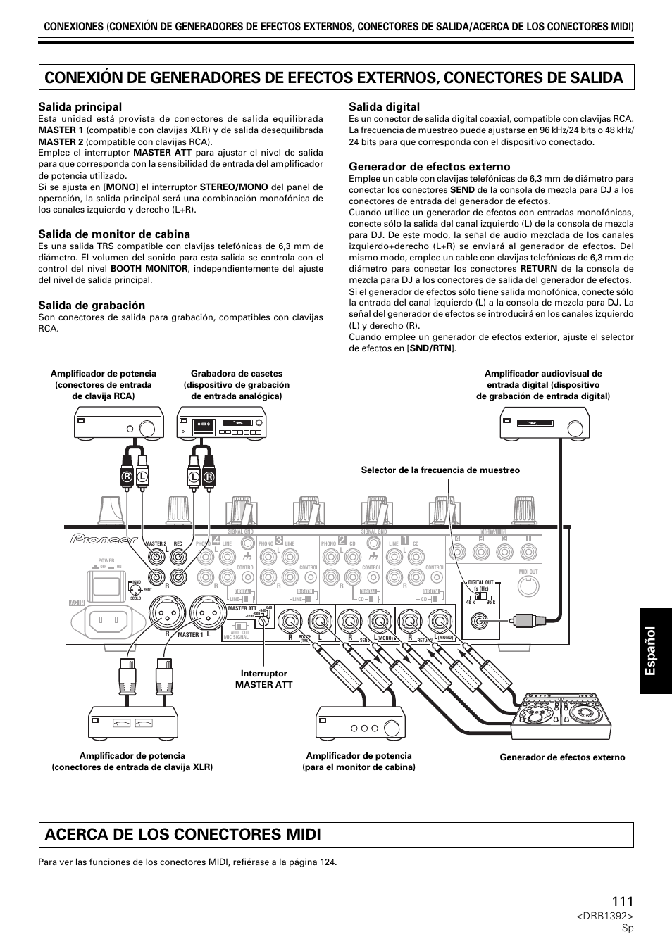 Acerca de los conectores midi, Espa ñ ol, Salida principal | Salida de monitor de cabina, Salida de grabación, Salida digital, Generador de efectos externo, Drb1392> sp | Pioneer DJM-800 User Manual | Page 111 / 128