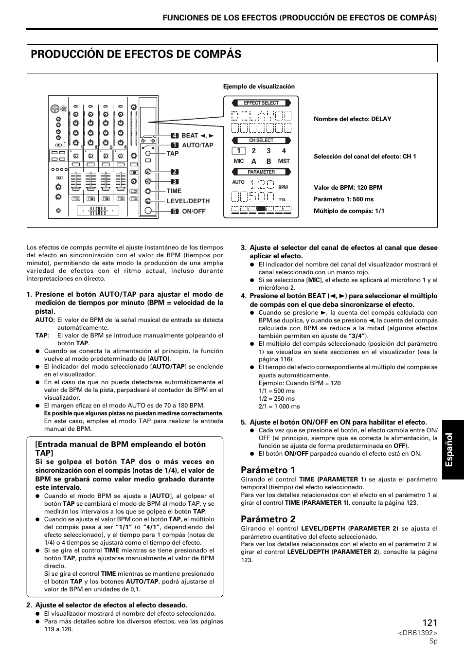 Producción de efectos de compás, Espa ñ ol, Parámetro 1 | Parámetro 2 | Pioneer DJM-800 User Manual | Page 121 / 128