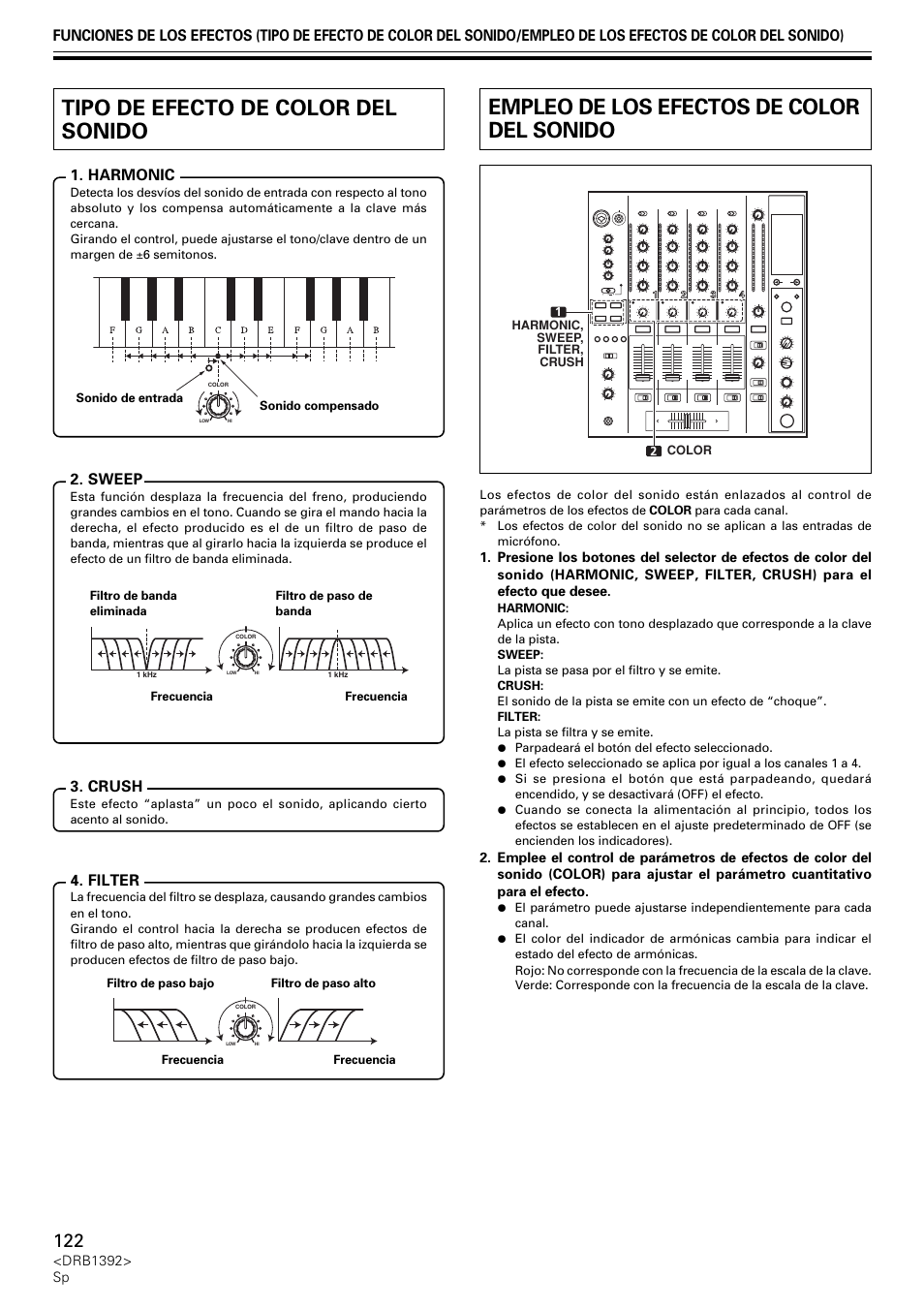 Tipo de efecto de color del sonido, Empleo de los efectos de color del sonido, Crush | Filter, Sweep | Pioneer DJM-800 User Manual | Page 122 / 128