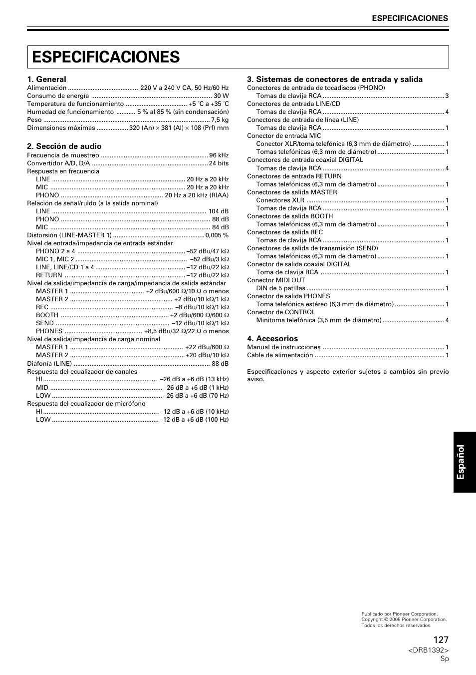 Especificaciones, Espa ñ ol | Pioneer DJM-800 User Manual | Page 127 / 128