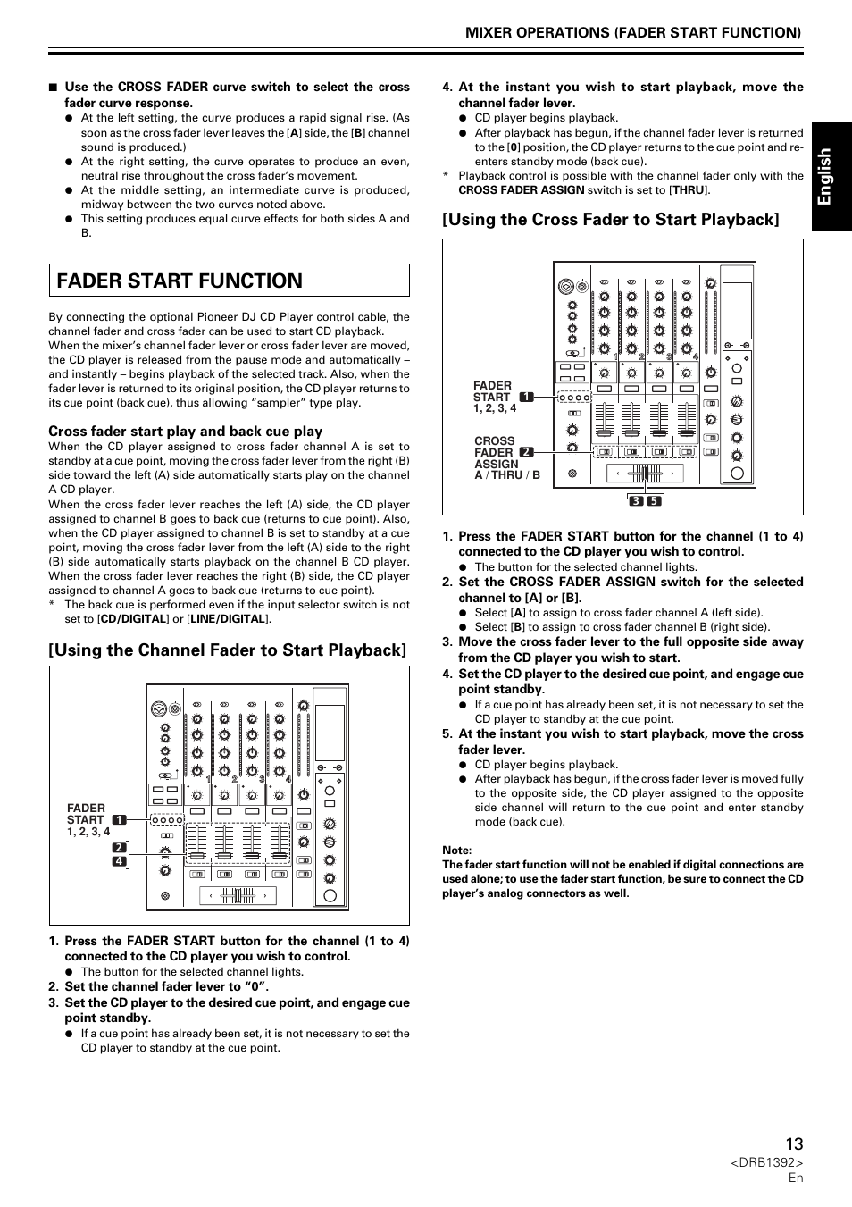 Fader start function, English, Using the channel fader to start playback | Using the cross fader to start playback | Pioneer DJM-800 User Manual | Page 13 / 128