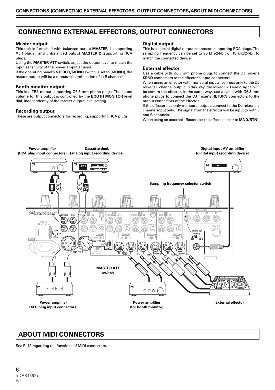 Connecting external effectors, output connectors, About midi connectors, Master output | Booth monitor output, Recording output, Digital output, External effector, Drb1392> en | Pioneer DJM-800 User Manual | Page 6 / 128