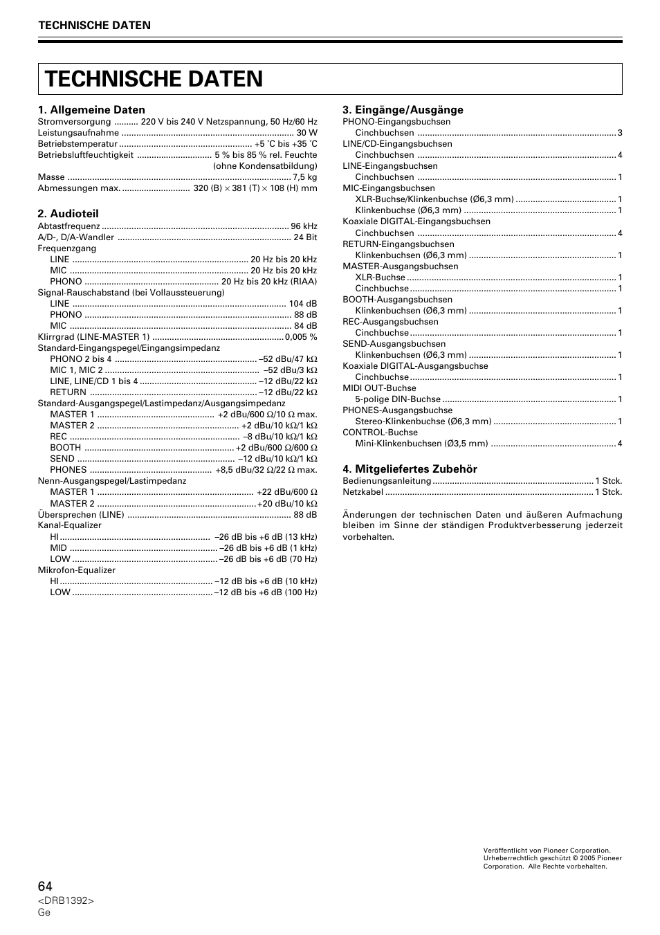 Technische daten | Pioneer DJM-800 User Manual | Page 64 / 128