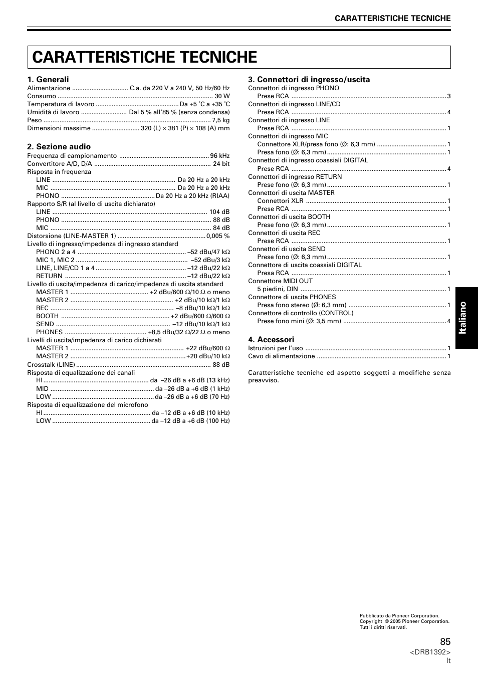 Caratteristiche tecniche, Italiano | Pioneer DJM-800 User Manual | Page 85 / 128