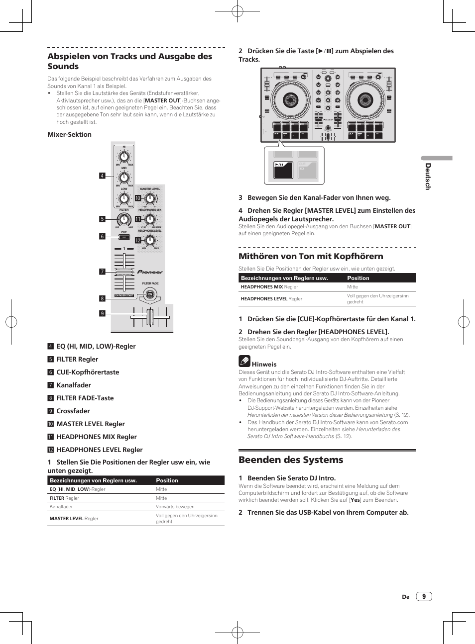 Beenden des systems, Abspielen von tracks und ausgabe des sounds, Mithören von ton mit kopfhörern | 9deutsch | Pioneer DDJ-SB User Manual | Page 37 / 68