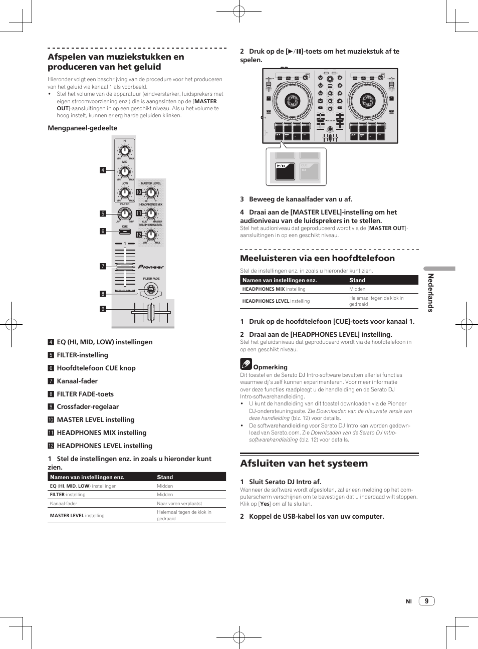 Afsluiten van het systeem, Meeluisteren via een hoofdtelefoon, 9nederlands | Pioneer DDJ-SB User Manual | Page 61 / 68