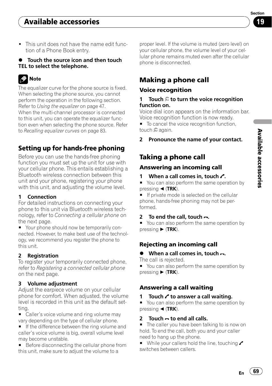 Available accessories, Setting up for hands-free phoning, Making a phone call | Taking a phone call | Pioneer AVH-P3100DVD User Manual | Page 69 / 109
