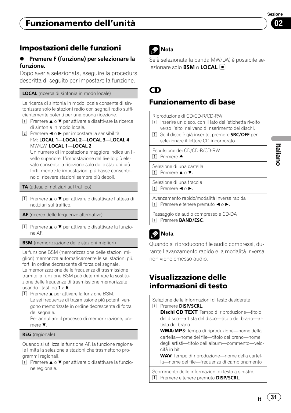 Funzionamento dell ’unità, Impostazioni delle funzioni, Funzionamento di base | Visualizzazione delle informazioni di testo, Italiano | Pioneer DEH-1200MP User Manual | Page 31 / 94