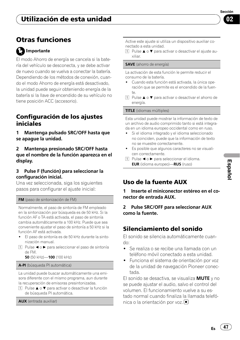 Otras funciones, Utilización de esta unidad, Configuración de los ajustes iniciales | Uso de la fuente aux, Silenciamiento del sonido | Pioneer DEH-1200MP User Manual | Page 47 / 94