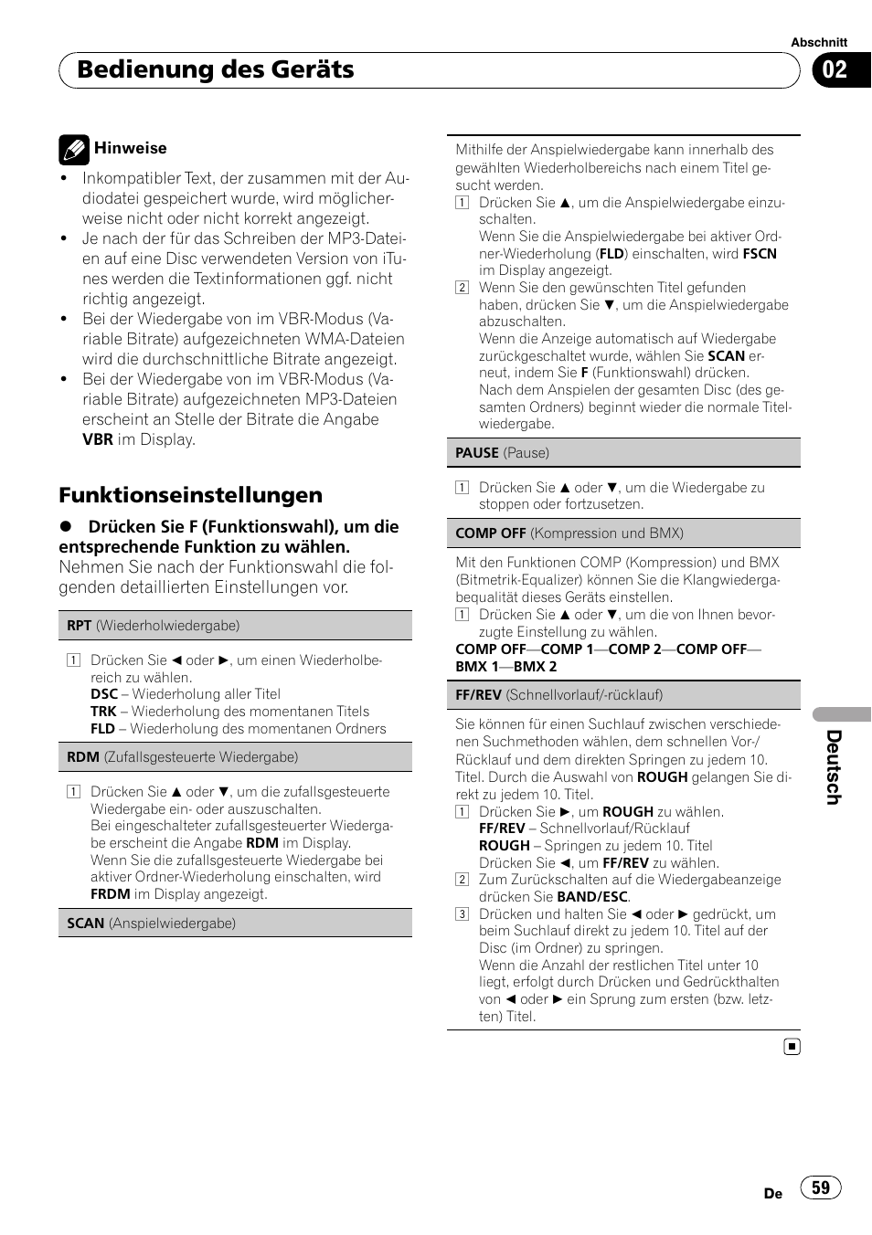Bedienung des geräts, Funktionseinstellungen, Deutsch | Pioneer DEH-1200MP User Manual | Page 59 / 94