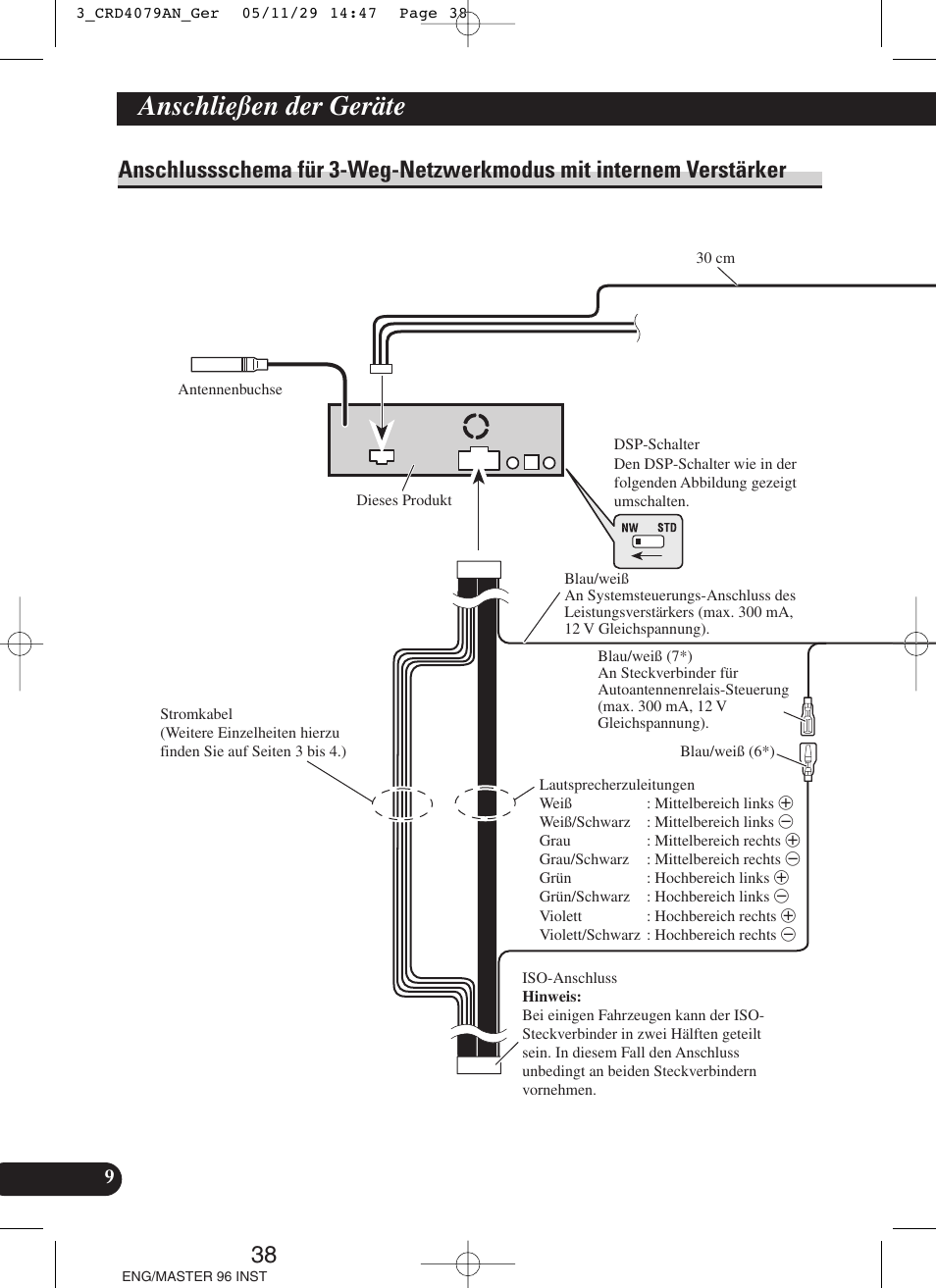 Anschlussschema für 3-weg-netzwerkmodus, Mit internem verstärker, Anschließen der geräte | Pioneer DEH-P88RS User Manual | Page 38 / 100