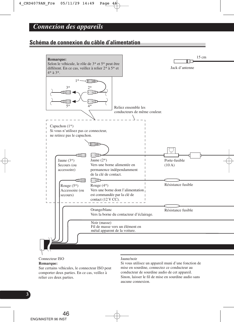 Schéma de connexion du câble, D’alimentation, Connexion des appareils | Schéma de connexion du câble d’alimentation | Pioneer DEH-P88RS User Manual | Page 46 / 100