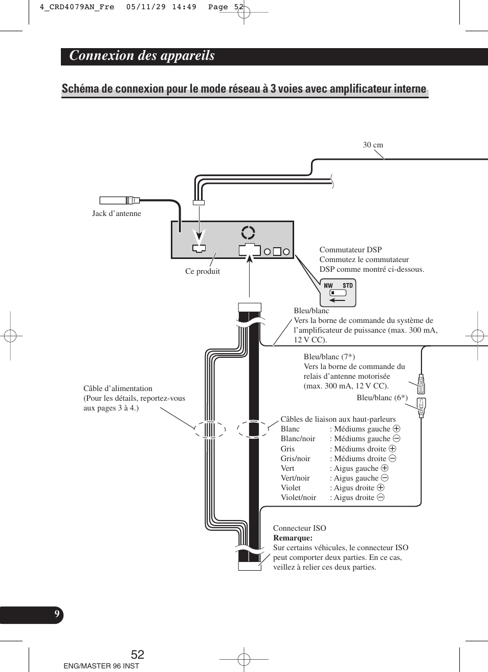 Schéma de connexion pour le mode réseau à 3, Voies avec amplificateur interne, Connexion des appareils | Pioneer DEH-P88RS User Manual | Page 52 / 100