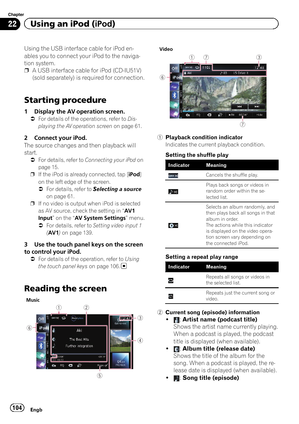 Using an ipod (ipod) starting procedure, Reading the screen, Starting procedure | 22 using an ipod (ipod) | Pioneer AVIC-F930BT User Manual | Page 104 / 192
