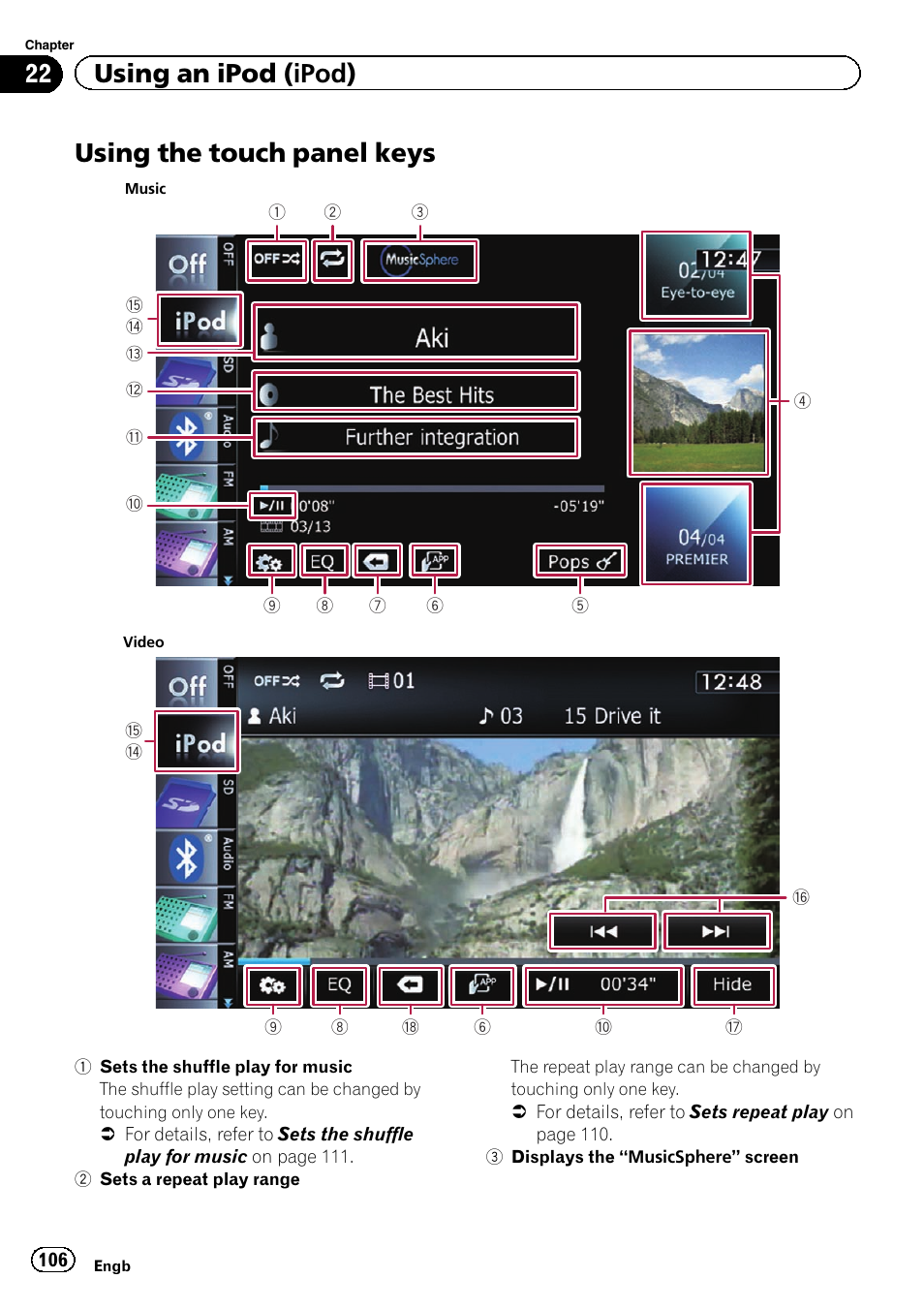 Using the touch panel keys, Using, 22 using an ipod (ipod) | Pioneer AVIC-F930BT User Manual | Page 106 / 192
