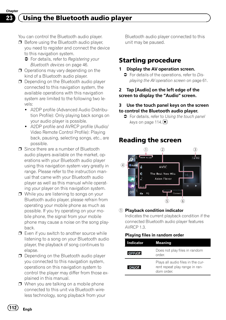 Reading the screen, Starting procedure, 23 using the bluetooth audio player | Pioneer AVIC-F930BT User Manual | Page 112 / 192