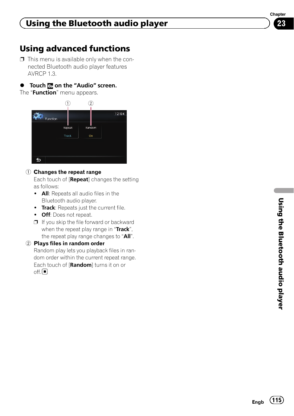 Using advanced functions, Plays files in ran, Changes the repeat | Using advanced func, Using the bluetooth audio player | Pioneer AVIC-F930BT User Manual | Page 115 / 192