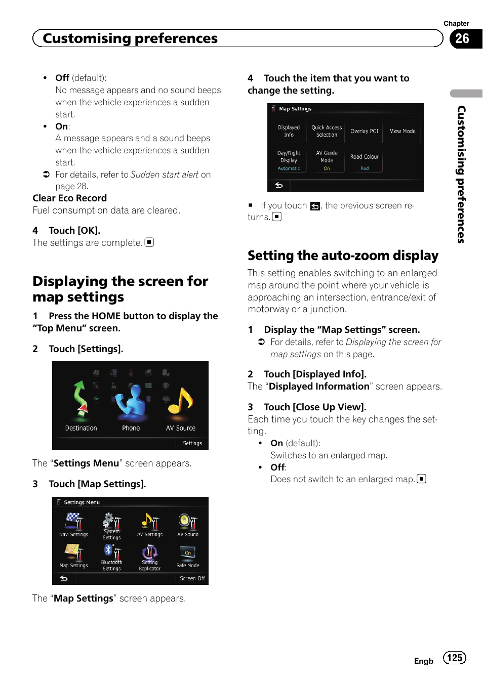 Displaying the screen for map settings, Setting the auto-zoom display, Setting the auto-zoom | Displaying the screen for, Customising preferences | Pioneer AVIC-F930BT User Manual | Page 125 / 192