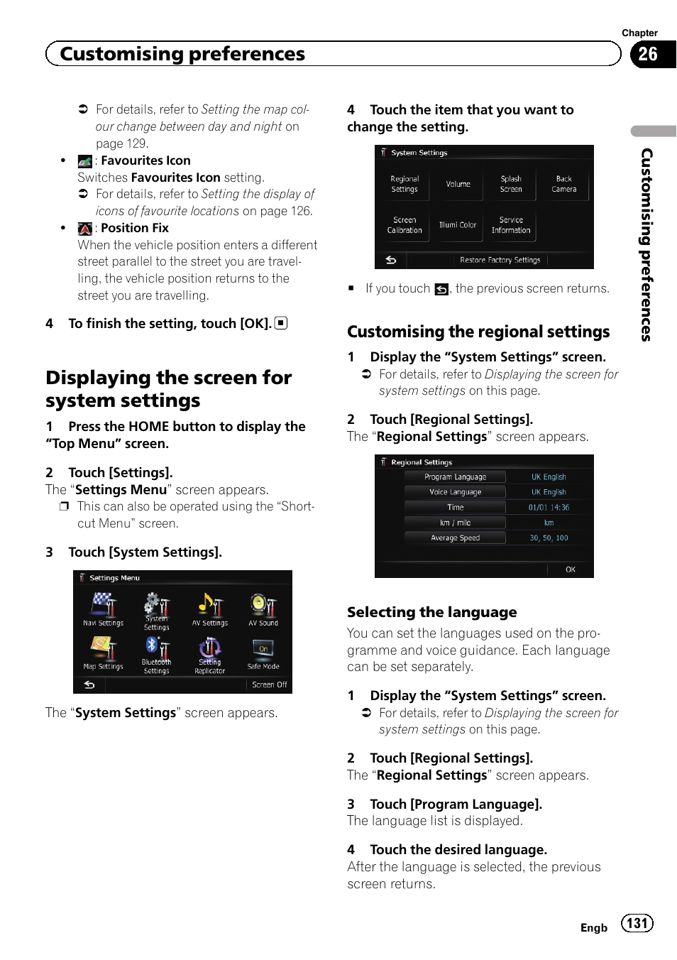Displaying the screen for system, Settings, Customising the regional settings 131 | Displaying the screen for system settings, Customising preferences, Customising the regional settings | Pioneer AVIC-F930BT User Manual | Page 131 / 192