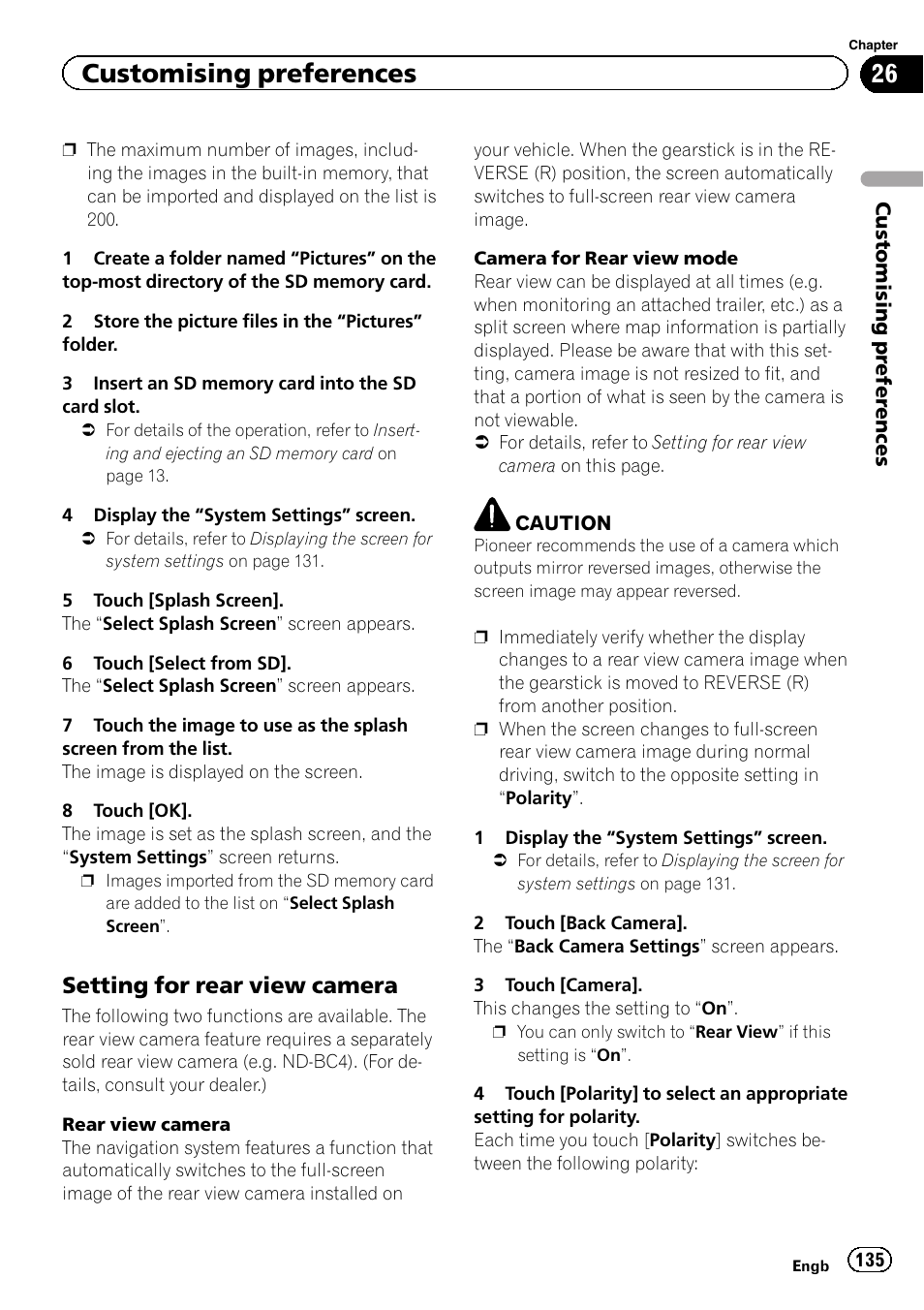 Setting for rear view camera 135, Setting for rear view, Customising preferences | Setting for rear view camera | Pioneer AVIC-F930BT User Manual | Page 135 / 192