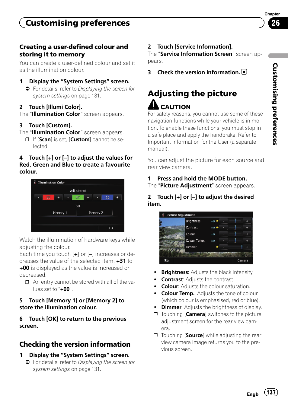 Checking the version information 137, Adjusting the picture, Adjusting the pic | Creating a user-de, Customising preferences, Checking the version information | Pioneer AVIC-F930BT User Manual | Page 137 / 192