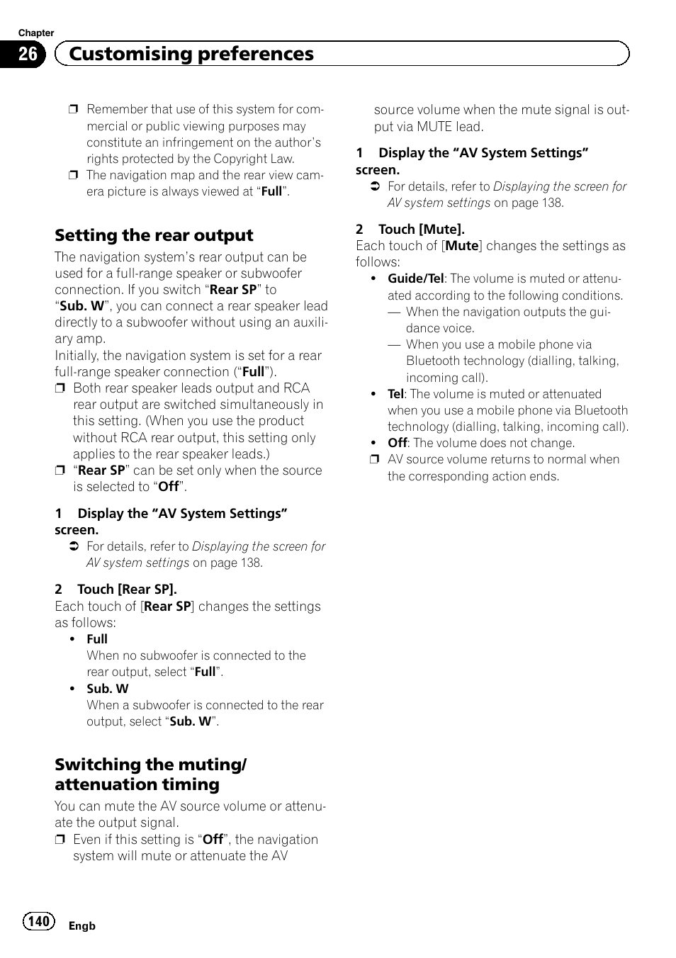 Setting the rear output 140, Switching the muting/attenuation, Timing | 26 customising preferences, Setting the rear output, Switching the muting/ attenuation timing | Pioneer AVIC-F930BT User Manual | Page 140 / 192