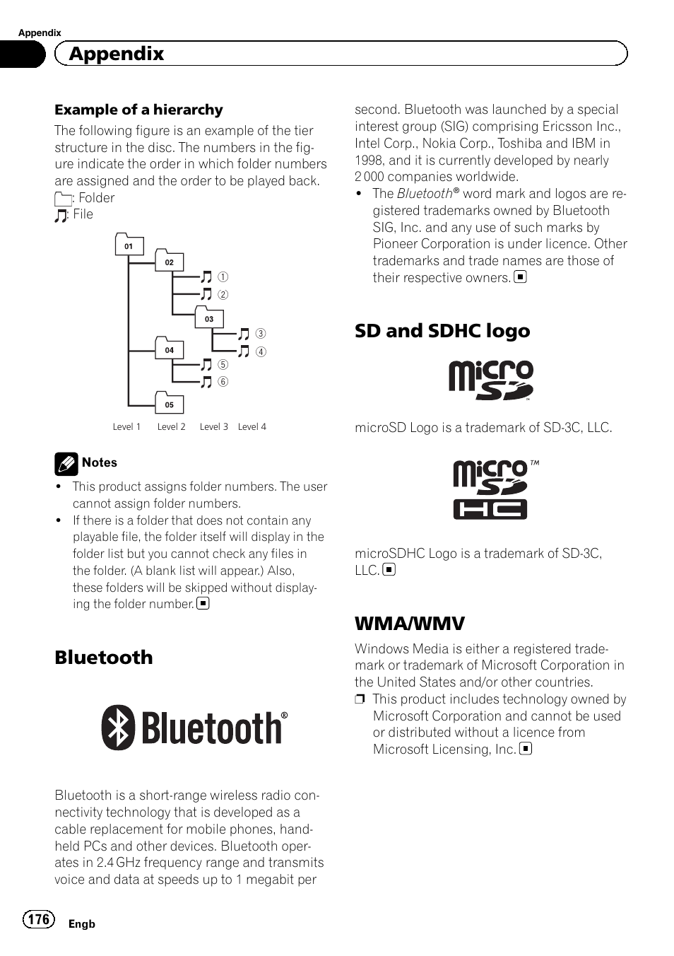 Bluetooth, Sd and sdhc logo, Wma/wmv | Appendix | Pioneer AVIC-F930BT User Manual | Page 176 / 192