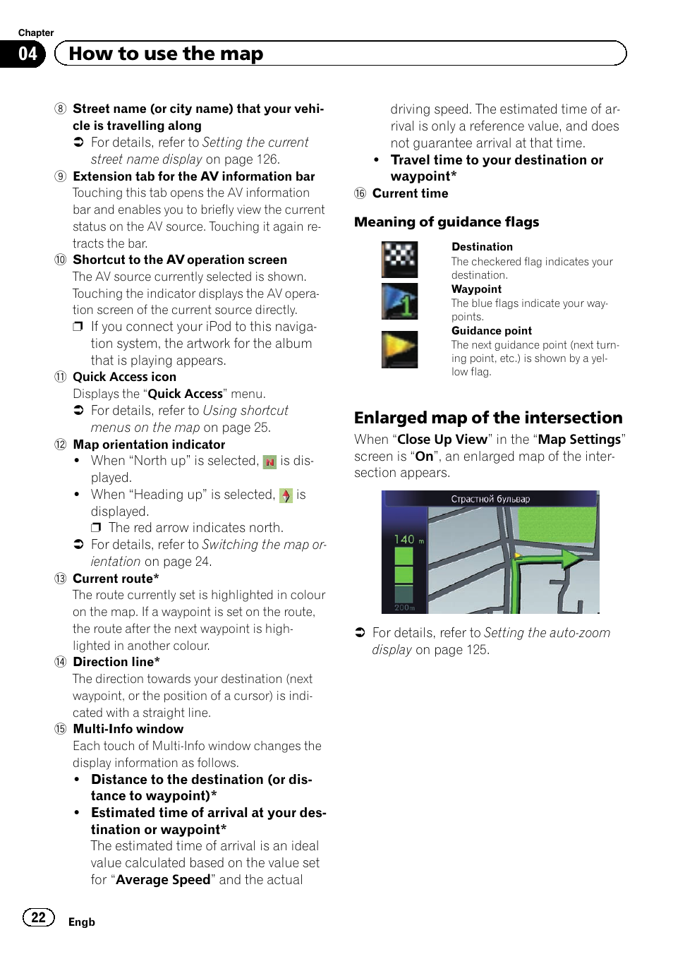 Enlarged map of the intersection 22, 04 how to use the map | Pioneer AVIC-F930BT User Manual | Page 22 / 192