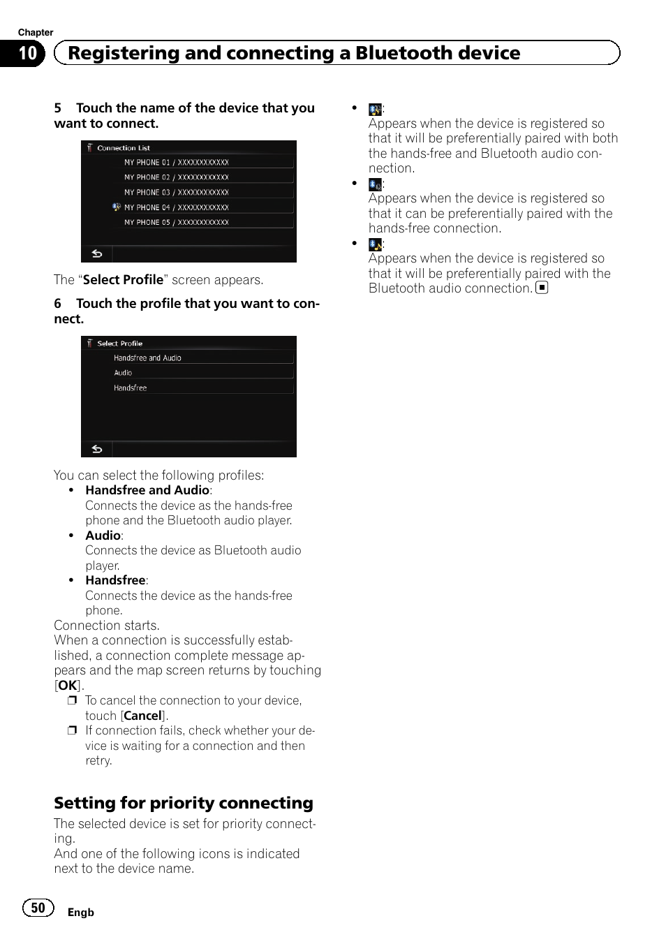 Setting for priority connecting 50, 10 registering and connecting a bluetooth device, Setting for priority connecting | Pioneer AVIC-F930BT User Manual | Page 50 / 192